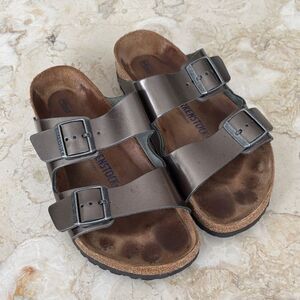 Birkenstock Arizona Leather Metallic Anthracite Soft-Footbed Sandals